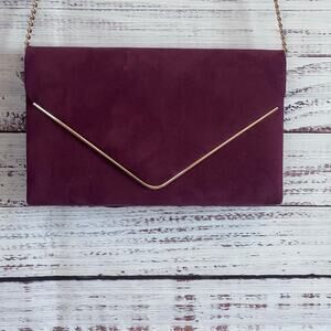 Evening Bag Clutch Crossbody Faux Suede Envelope Style Burgundy Gold